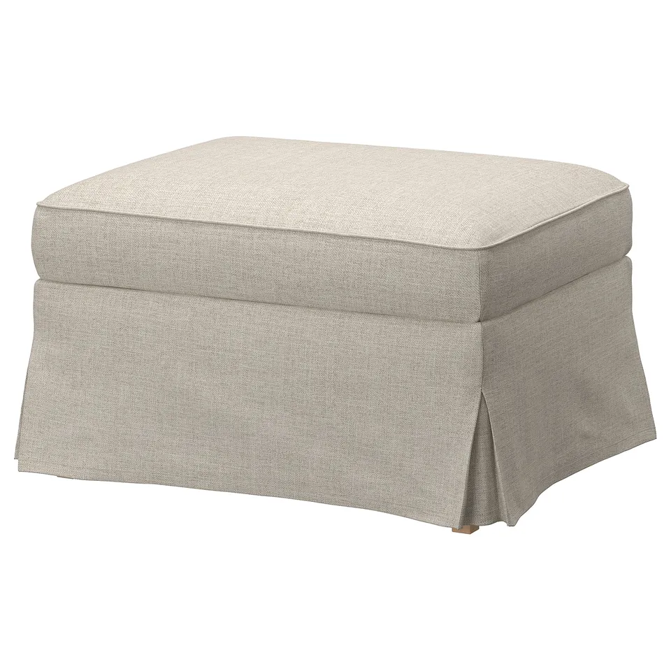 EKTORP beige footstool, square, upholstered in kilanda fabric.