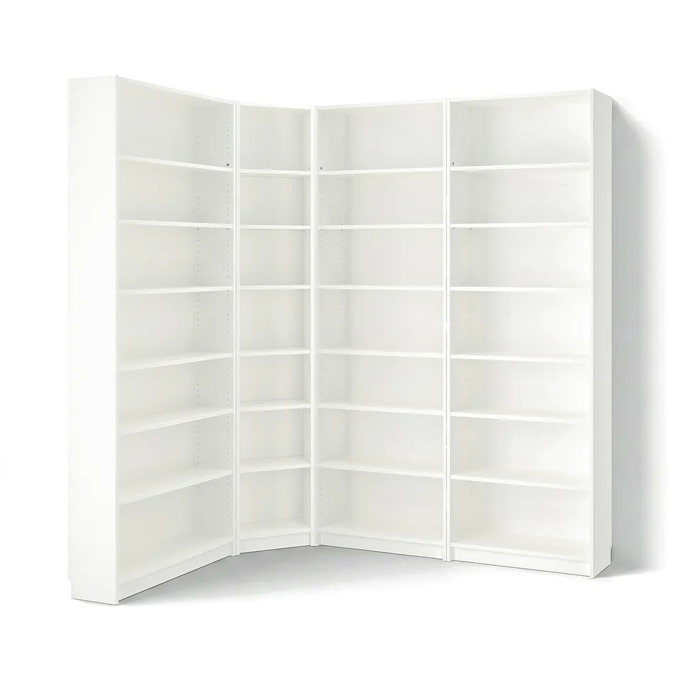 White BILLY bookcase with adjustable shelves and corner unit.