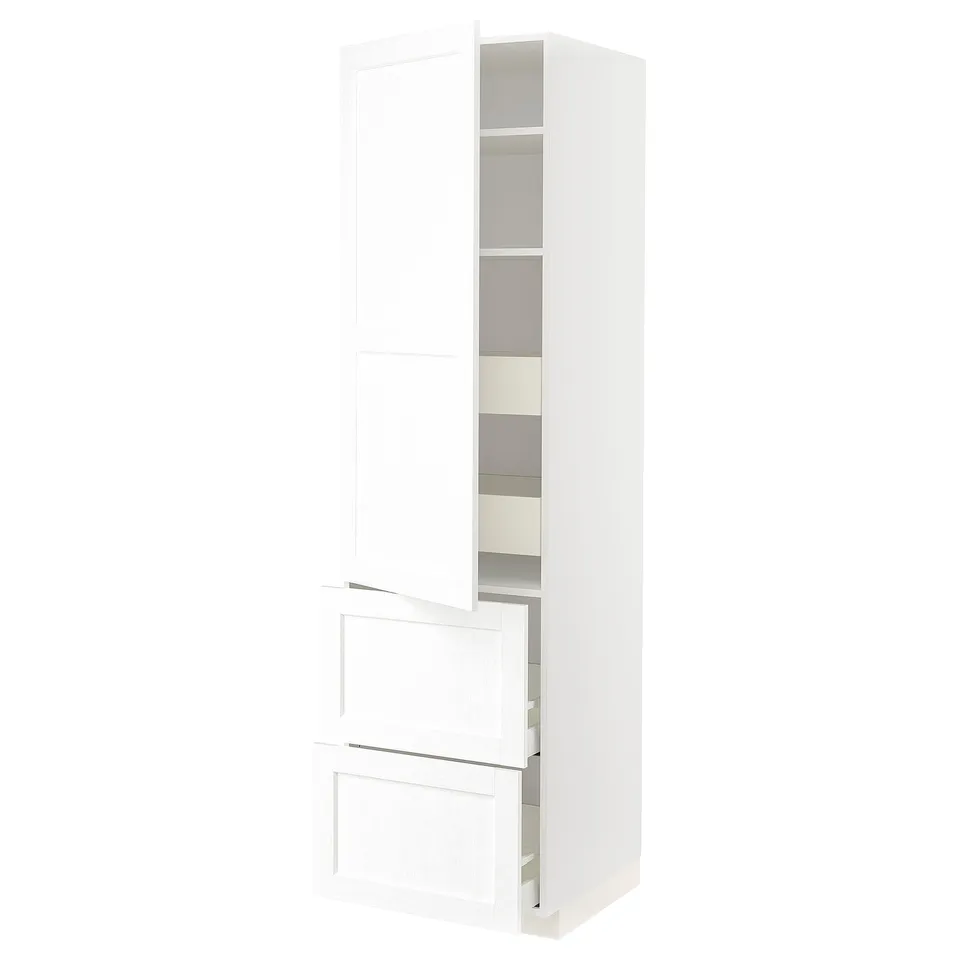 A white METOD kitchen cabinet with one door open, featuring shelves inside. The cabinet is rectangular and tall, designed for storage.