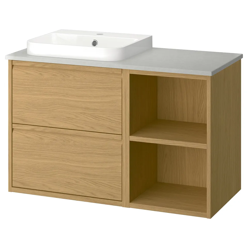 ÄNGSJÖN vanity: light wood & white sink, open & closed storage, wall-mount.