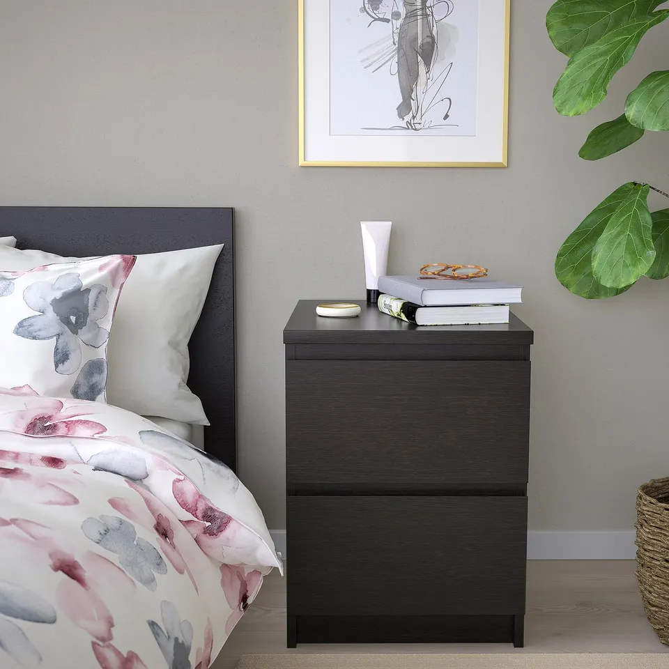 MALM black chest, fits well, smooth drawers, bedside use. Near bed, under plant.