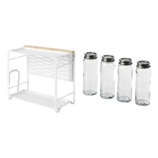 AVSTEG/CITRONHAJ set: kitchen countertop organiser + spice jar, bamboo/white + clear glass/stainless steel, 40x21 cm