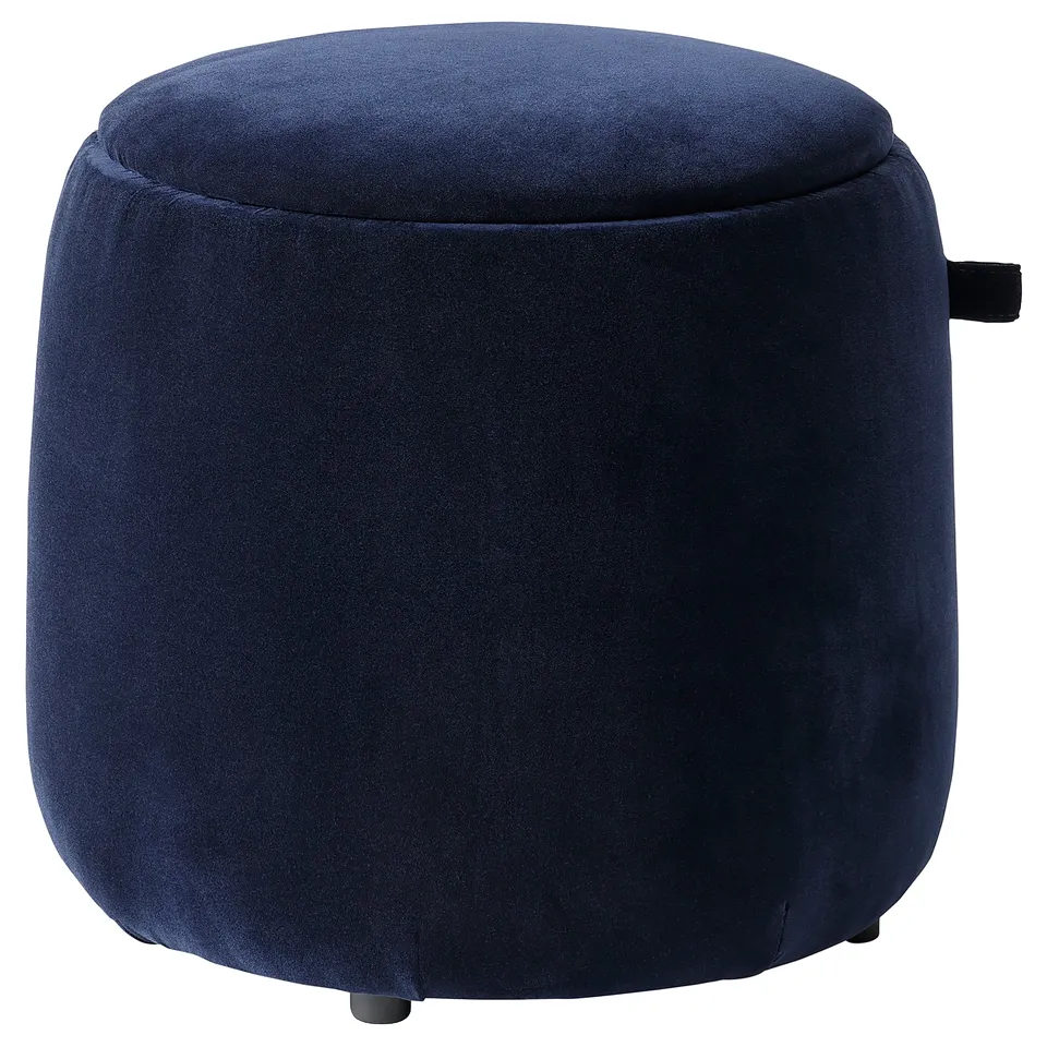 Blue velvet round low stool or footrest with conical shape, soft and stylish, offering storage.
