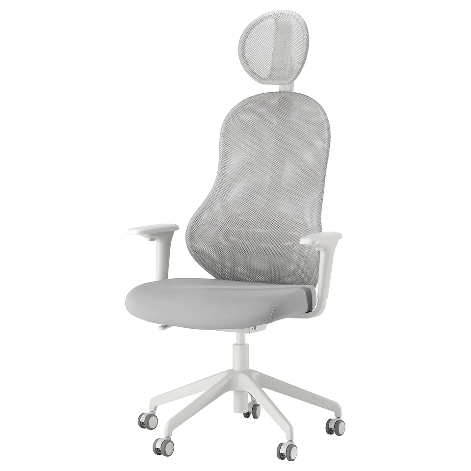White TROTTEN office chair, ergonomic design, mesh back, adjustable armrests, casters.