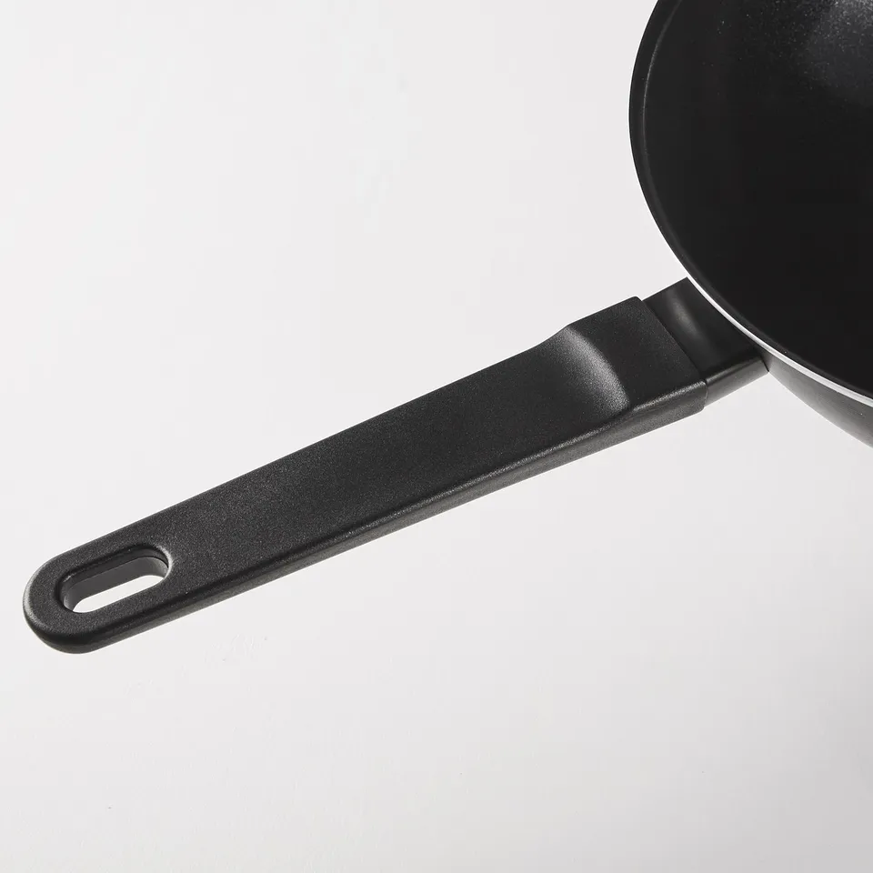 Black wok with comfortable, cool handle, high-quality non-stick surface, well-constructed.