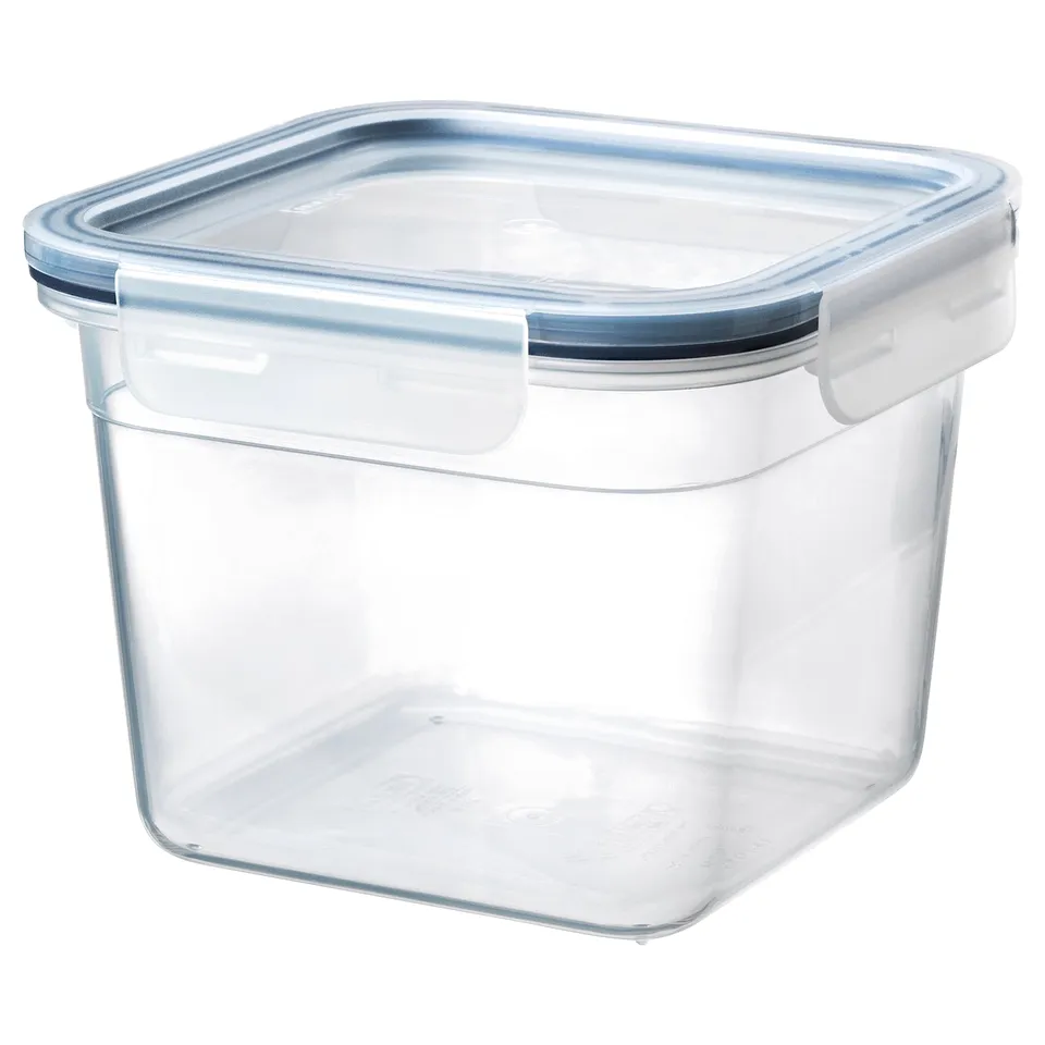 An empty, transparent square IKEA 365+ food container with a blue locking lid.