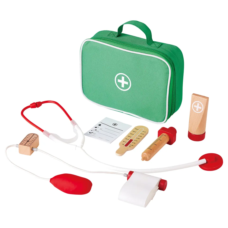 BARKBORRE green doctor set includes stethoscope, thermometer, syringe, and more in a green case. Encourages imaginative play and empathy.