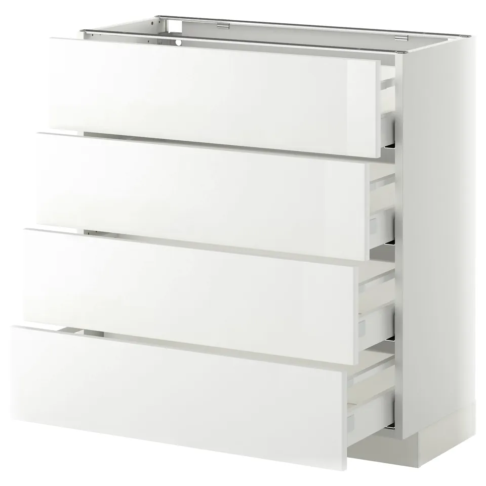 A white METOD kitchen unit with five drawers in a glossy finish. The unit is rectangular, featuring multiple drawers for storage.