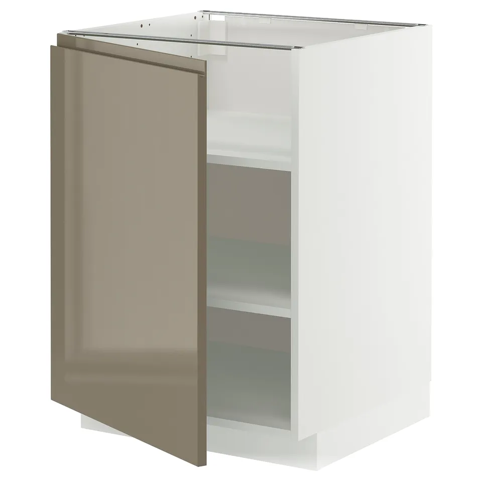 A white METOD kitchen cabinet with a high gloss dark grey-brown door. It two shelves inside and a sleek, modern design.