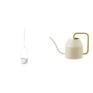 CHILISTRÅN/VATTENKRASSE set: hanging planter + watering can, in/outdoor white + ivory/gold-colour, 12 cm