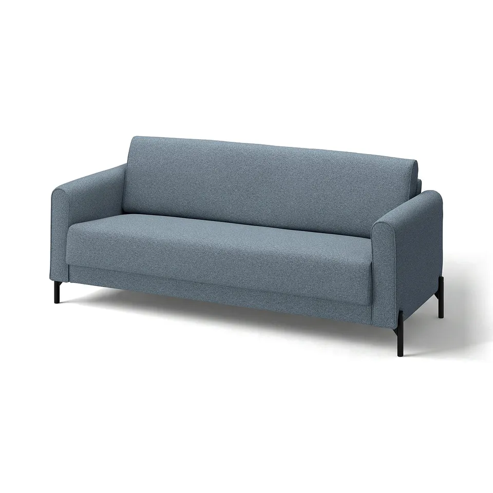 Modern blue fabric sofa, sleek design, comfortable cushions, slim legs.