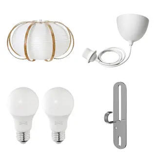 FÖRUT/HAVSDJUP/SOLHETTA/TAGGTOFS set: pendant lamp shade + cord set + LED bulb E27 470 lumen + pendant/ceiling lamp hook, white/bamboo + white + globe opal white, 67 cm