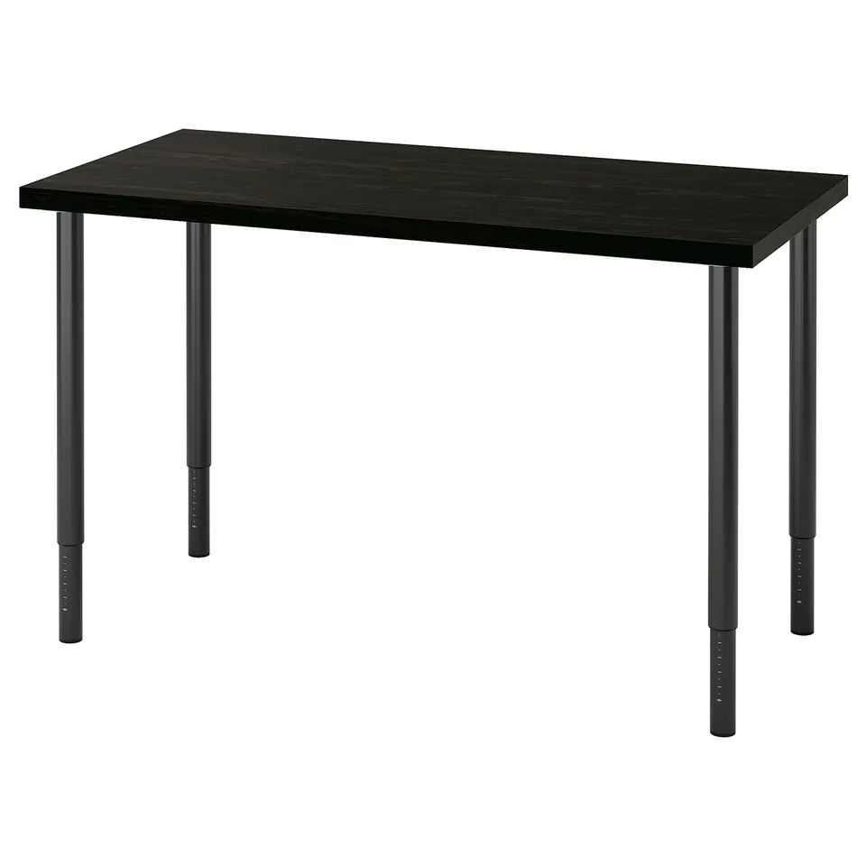 LAGKAPTEN: modern black desk, rectangular, adjustable metal legs, sustainable design with honeycomb tabletop.