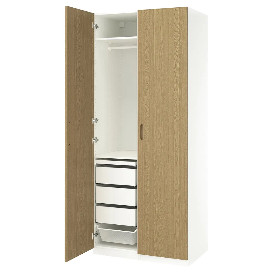 An open p. A. X. Wardrobe in white and oak, featuring drawers and shelves.