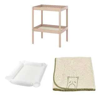 SKÖTSAM/SNIGLAR set: changing table + babycare mat + cover for babycare mat, birch/white + white + beige, 72x53 cm