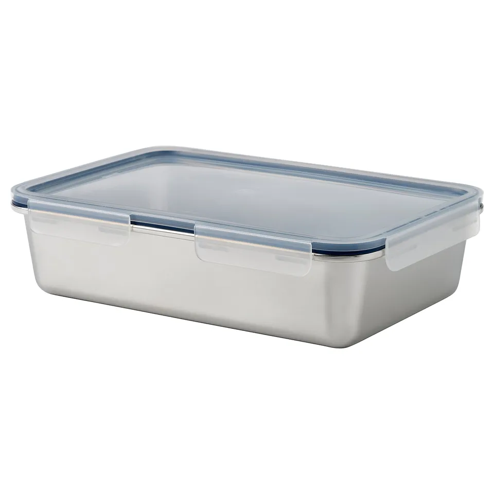 IKEA 365+ stainless steel food container, rectangular shape with transparent lid and snap-lock seal, ideal for food storage and reheating.