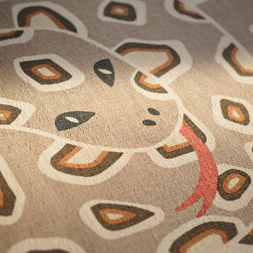 Abstract snake pattern rug up close. Beige background, brown, black, and red accents. Detailed, high-quality design.