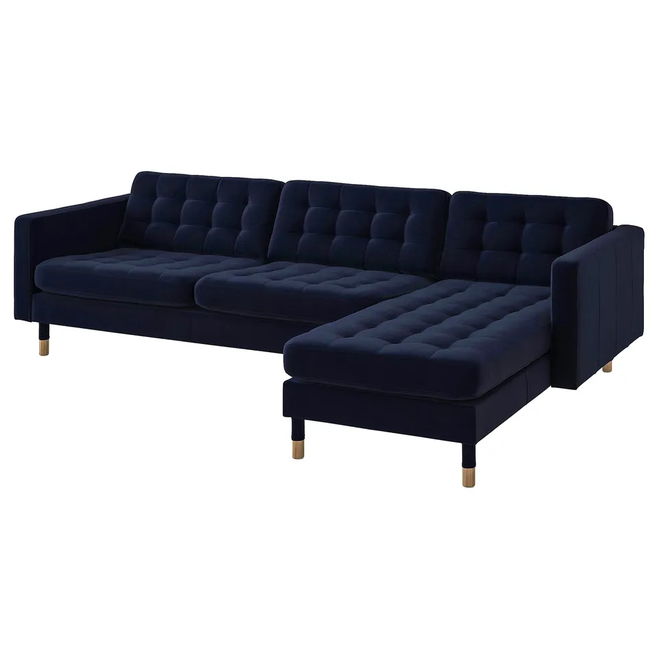 LANDSKRONA navy blue velvet l-shaped sofa, tufted cushions, gold legs, modern design.