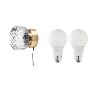 SOLHETTA/SOLKLINT set: wall lamp + LED bulb E27 806 lumen, brass/grey clear glass + dimmable/globe opal white, Depth 17 cm