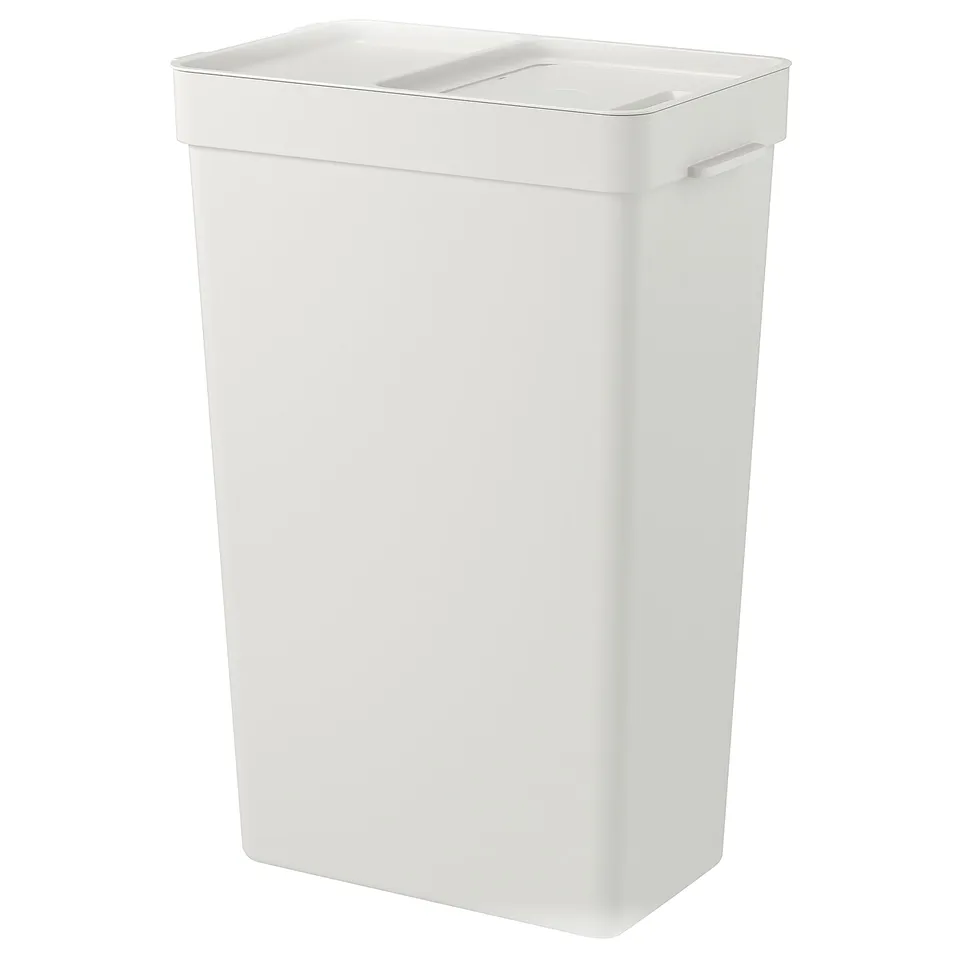 A white hallbar rectangular waste bin with lid and handle, made of recycled polypropylene plastic.