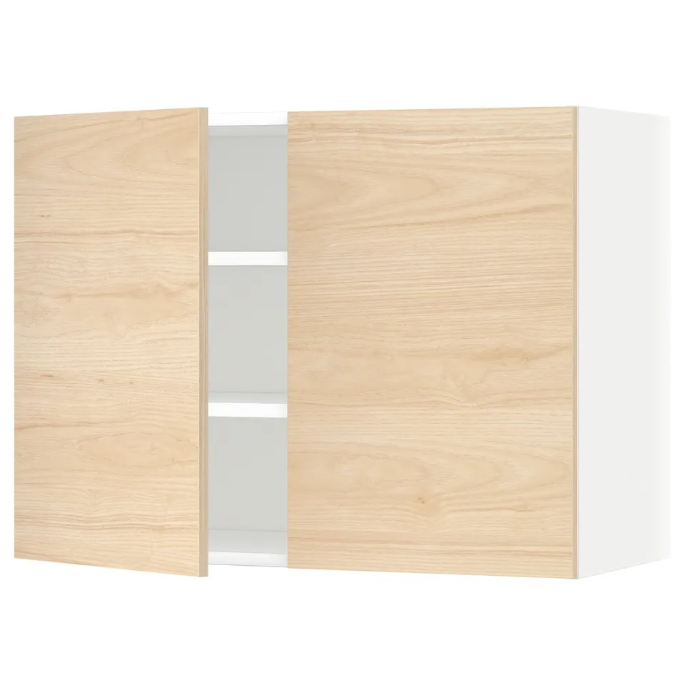 Light wooden METOD wall cabinet with two doors and clear glass centre shelf.