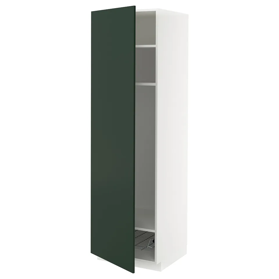 White METOD kitchen cabinet with green door, wire shelf, right-hinged.