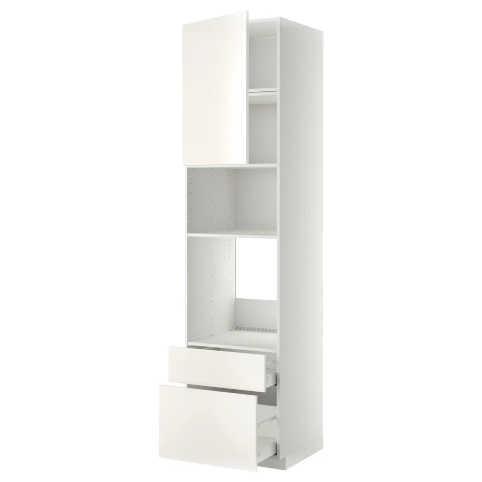 METOD kitchen unit in white with three shelves and two drawers. Modern, minimalist design with smooth, clean lines.