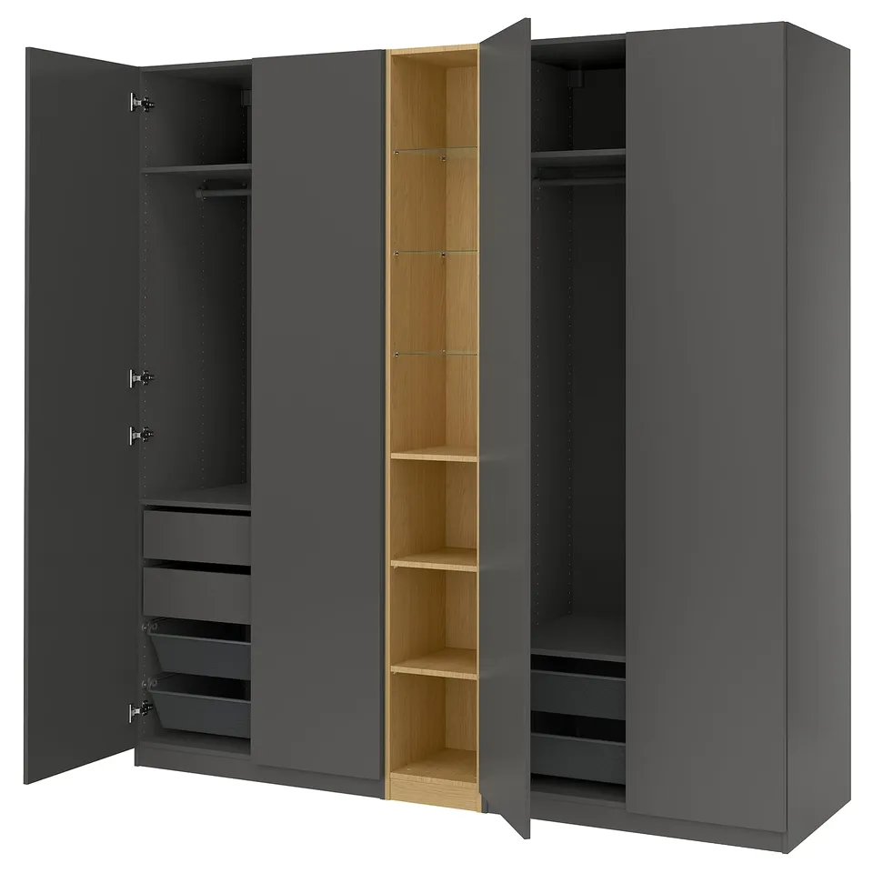 PAX / FORSAND Wardrobe combination, dark grey dark grey/oak effect, 235x60x236 cm
