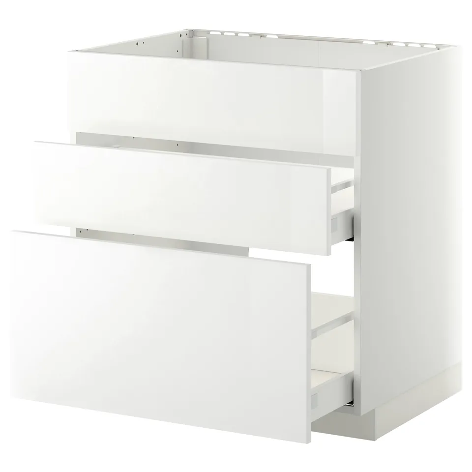 White METOD kitchen cabinet, modern design, glossy finish, sturdy with drawers.