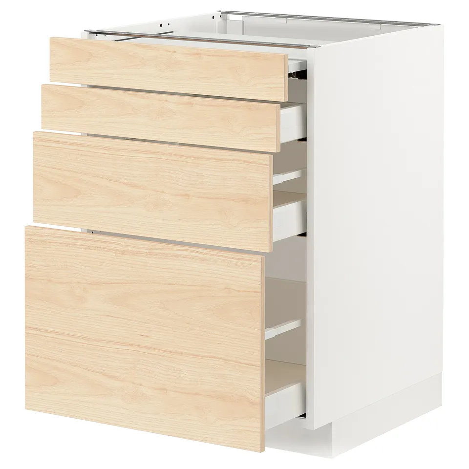The ikea METOD kitchen cabinet with light ash wood-patterned askersund fronts, featuring multiple drawers on a white base.