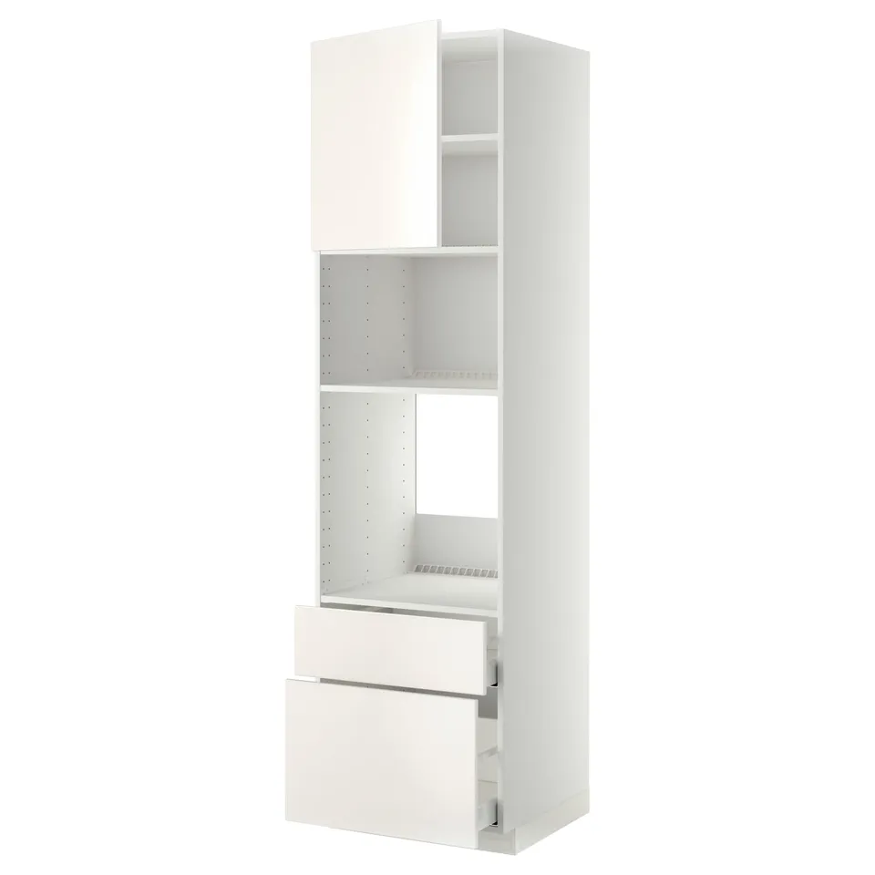 White METOD kitchen unit: tall, rectangular, three open shelves, two drawers, minimalist design.