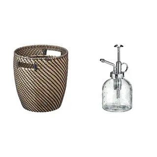 RÅGKORN/SESAMFRÖN set: plant pot + plant mister, in/outdoor dark grey/beige + clear glass
