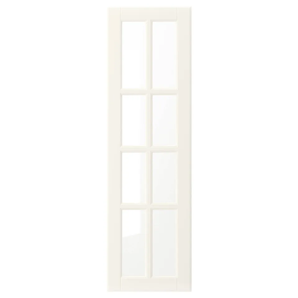 A BODBYN white door with a classic, bevelled design. Its made of fiberboard and glass, featuring a smooth, off-white surface.