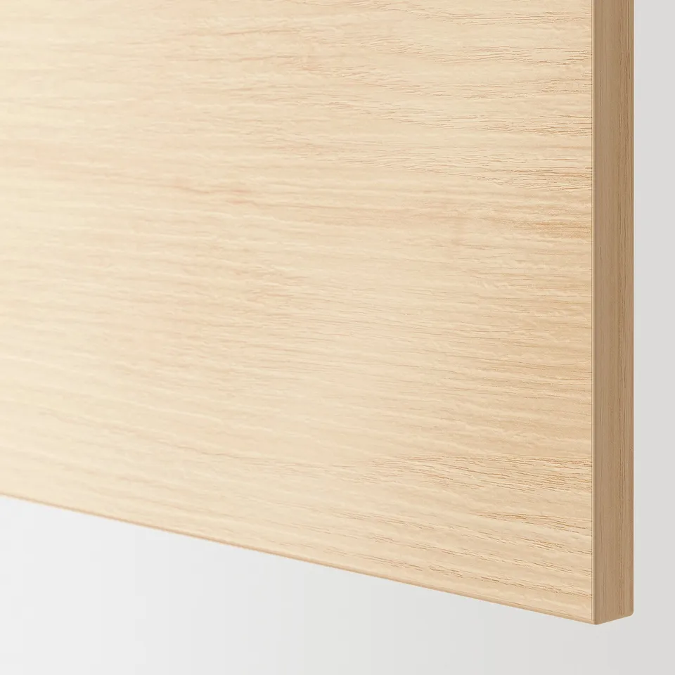 Close-up of light ash wood finish surface, smooth texture, high-quality melamine. Shows durability and cleanliness.