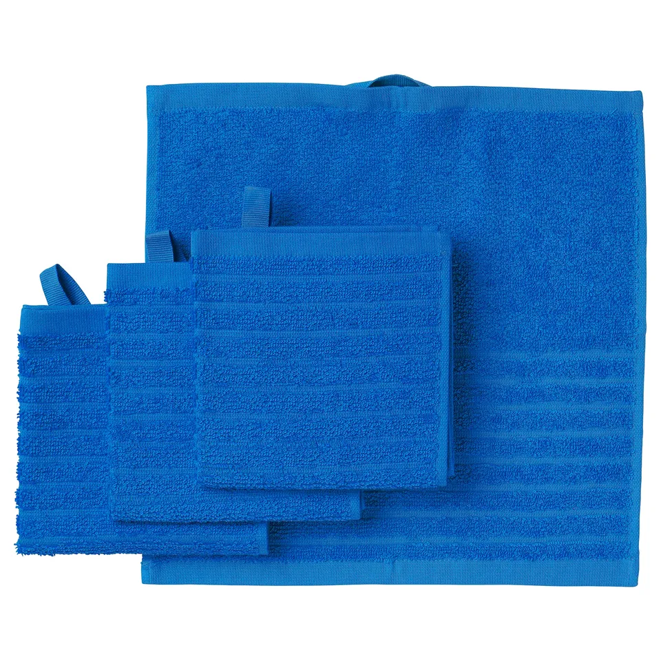 Blue VÅGSJÖN towels, regular & hand size, folded & stacked, solid terry texture.