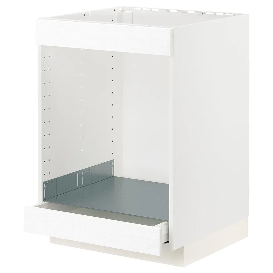 White METOD kitchen cabinet with pull-out drawer and metal shelf.