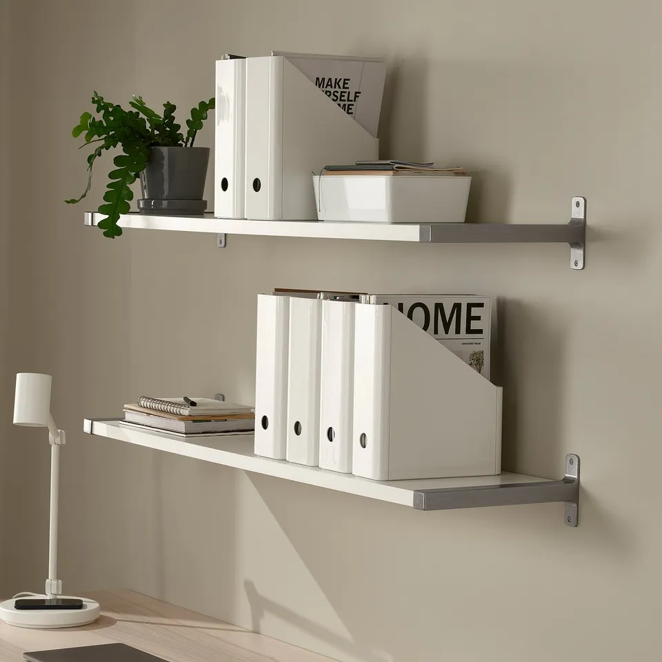 Wall-mounted shelves with white binders and a plant.