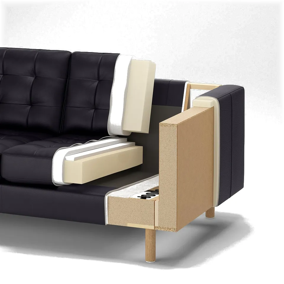 A sofa with exposed construction: dark fabric exterior, foam, plywood, particleboard, and solid wood interior.