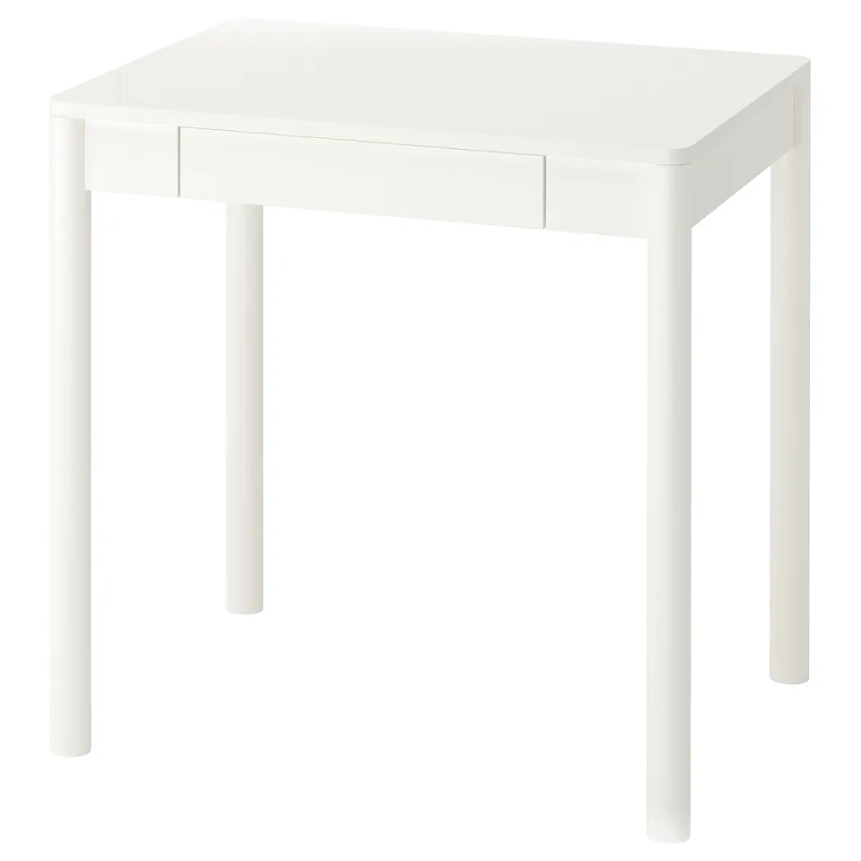 Small white TONSTAD desk with drawer, square top, four legs, simple design.