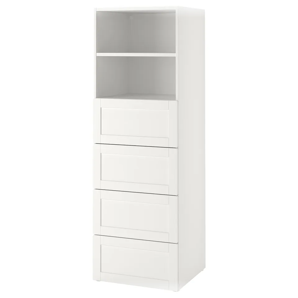 White SMÅSTAD wardrobe with drawers and shelves, modern minimalist design.