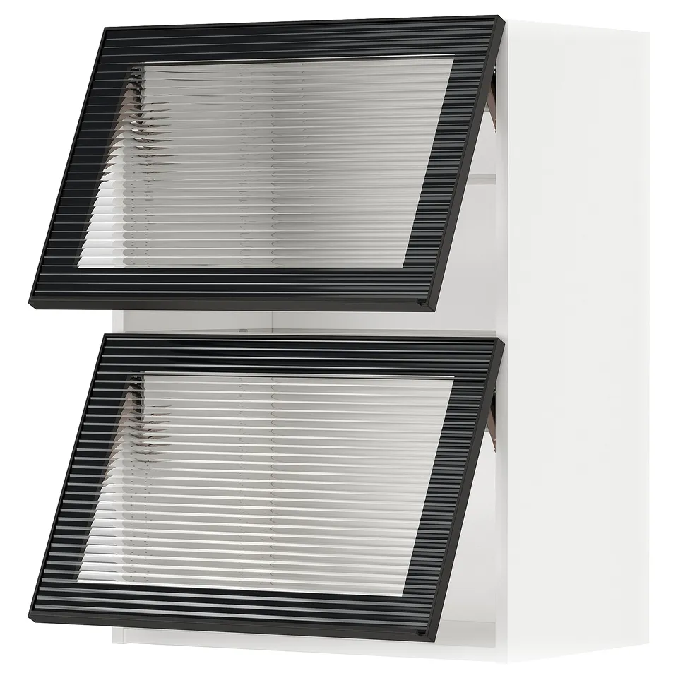 Black metal-framed glass doors with horizontal lines, part of a modern kitchen system.