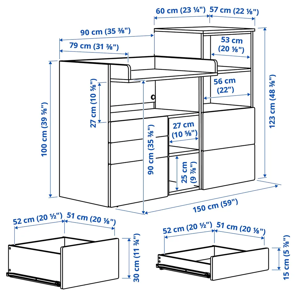 Illustration with measurements for the product: SMÅSTAD.