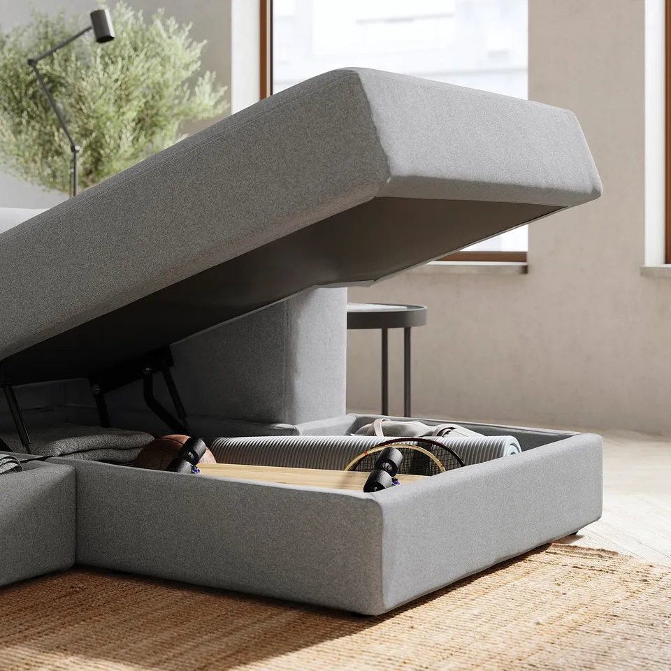 Modern grey JÄTTEBO sectional sofa with storage, soft cushions, clean lines, and a relaxed design.
