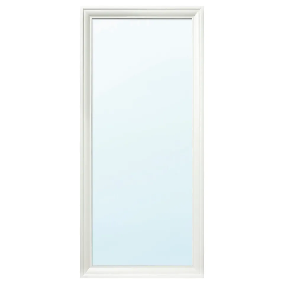 TOFTBYN white full-length mirror with moulded edges, versatile for vertical or horizontal hanging.