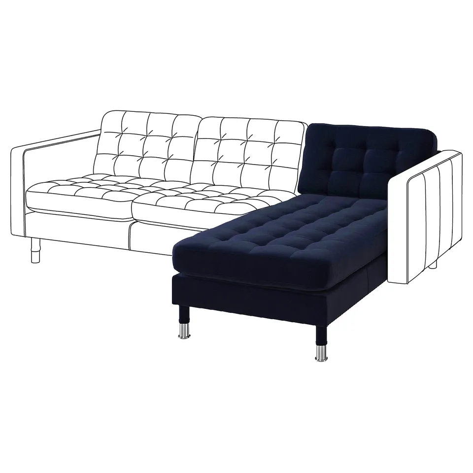 Modern navy blue velvet l-shaped sofa with chrome legs.