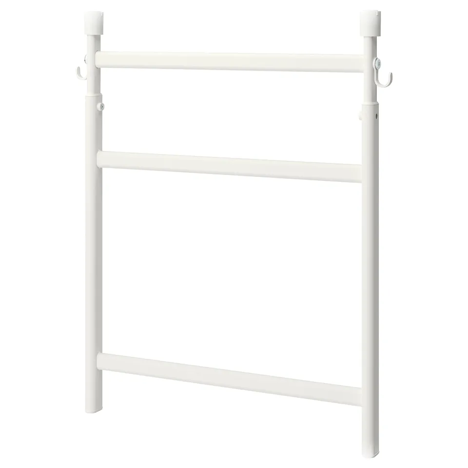 A white SUNNERSTA wall rack with 3 bars, hooks both sides, suitable for humid areas.