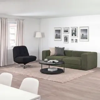 JÄTTEBO/FRÖTORP/DYVLINGE Three-seat sofa/Swivel easy chair/Coffee table, Samsala dark yellow-green + anthracite marble effect/black glass + Kelinge black, Depth 95 x Height 71 x Width 240 cm