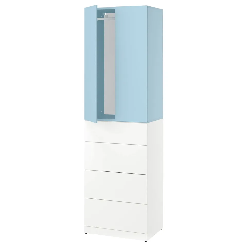 A light blue and white LASTARE wardrobe with drawers. It has a modern, minimalist design with sleek lines and a mix of open and closed storage.
