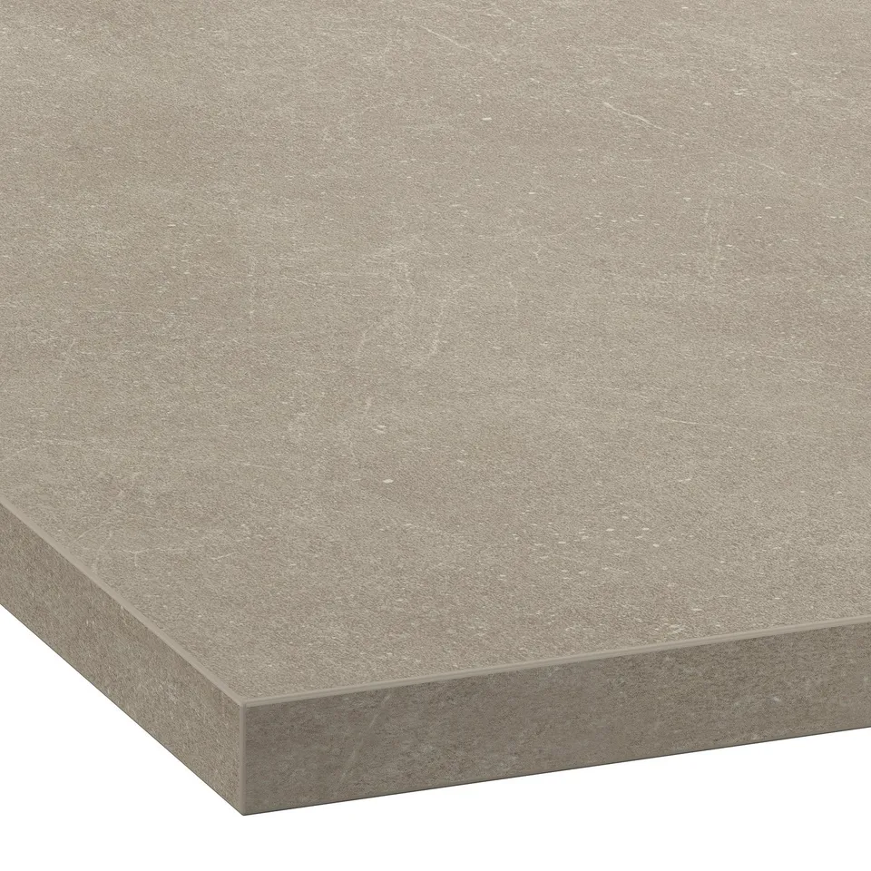 Smooth, light grey laminate surface with clean edges, showcasing high-quality, easy-to-clean material ideal for kitchen worktops.