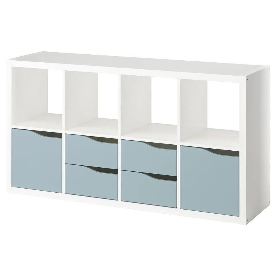 A white KALLAX storage unit with three blue drawers.